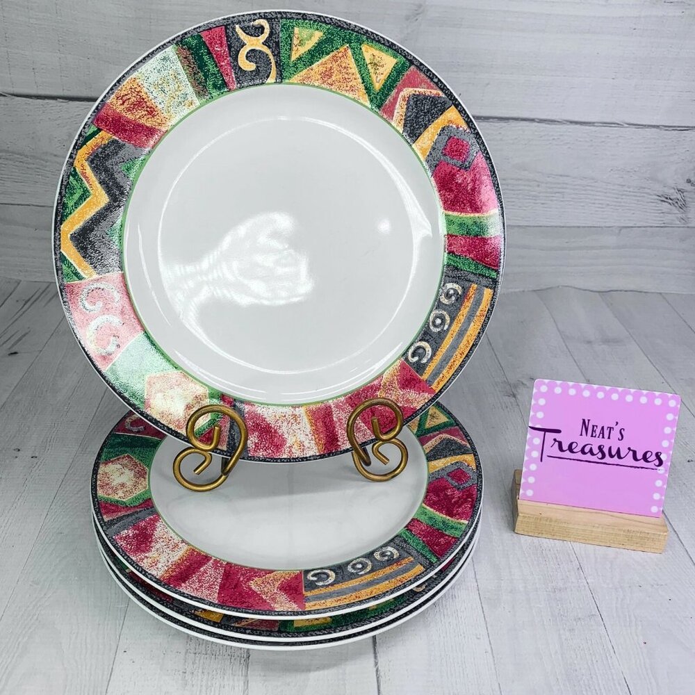 Vintage Furio MESA Multicolor Geometric Indonesia Stoneware Dinner Plates Set 3